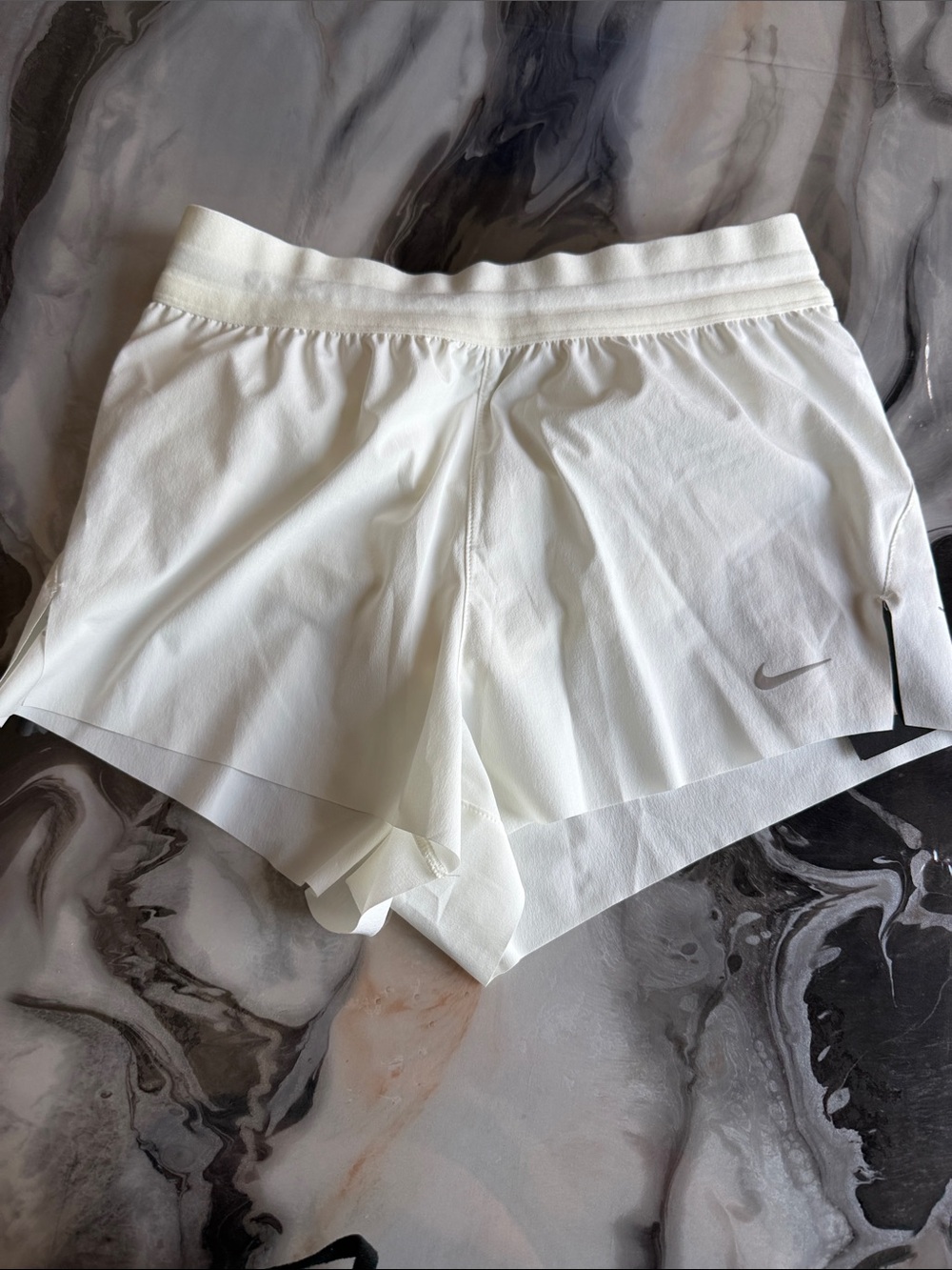 Nike White Women's Athletic Shorts with Silver Swoosh